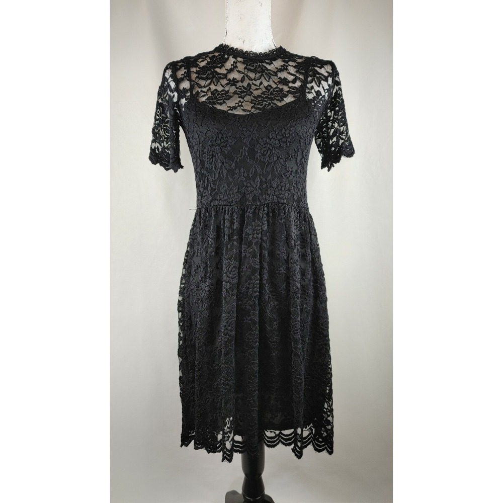 NEW RUE 21 SHORT DRESS LACE OVERLAY SHORT SLEEVE‎ BLACK PARTY COCKTAIL MEDIUM